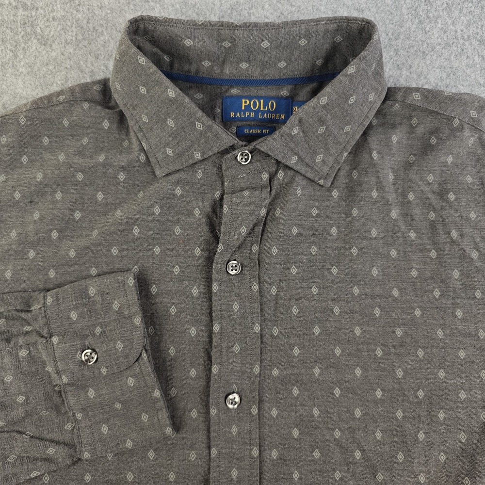Polo Ralph Lauren Shirt Mens XL Classic Fit Gray Diamond Geometric Long Sleeve